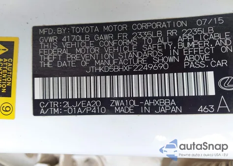 2015 Lexus Ct 200H из США, поврежденный, VIN JTHKD5BHXF2249690